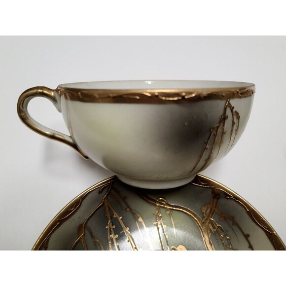 Made in Japan Hand Painted 2 Cups with Saucers Bone China Gold Ivory Grey Birds - Picture 9 of 12